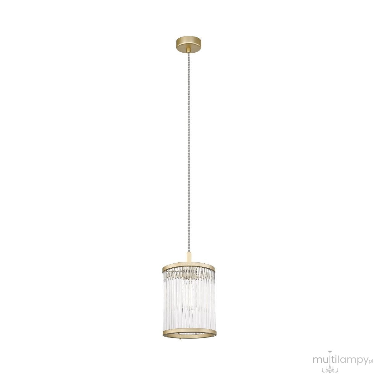 Lampa wisząca Sergio 1-punktowa, złota, z przezroczystym kloszem w formie cylindrycznej, zawieszona na cienkim przewodzie. Klosz ozdobiony pionowymi żłobieniami, montowana do sufitu. Idealna do nowoczesnych wnętrz.