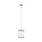 Lampa wisząca Sergio 1-punktowa, złota, z przezroczystym kloszem w formie cylindrycznej, zawieszona na cienkim przewodzie. Klosz ozdobiony pionowymi żłobieniami, montowana do sufitu. Idealna do nowoczesnych wnętrz.