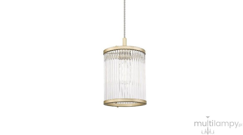 Lampa wisząca Sergio 1-punktowa, złota, o cylindrycznym kształcie. Posiada przezroczyste, pionowe żłobienia na kloszu, metalowy stelaż oraz zawieszenie na cienkim łańcuszku. Idealna do nowoczesnych wnętrz.