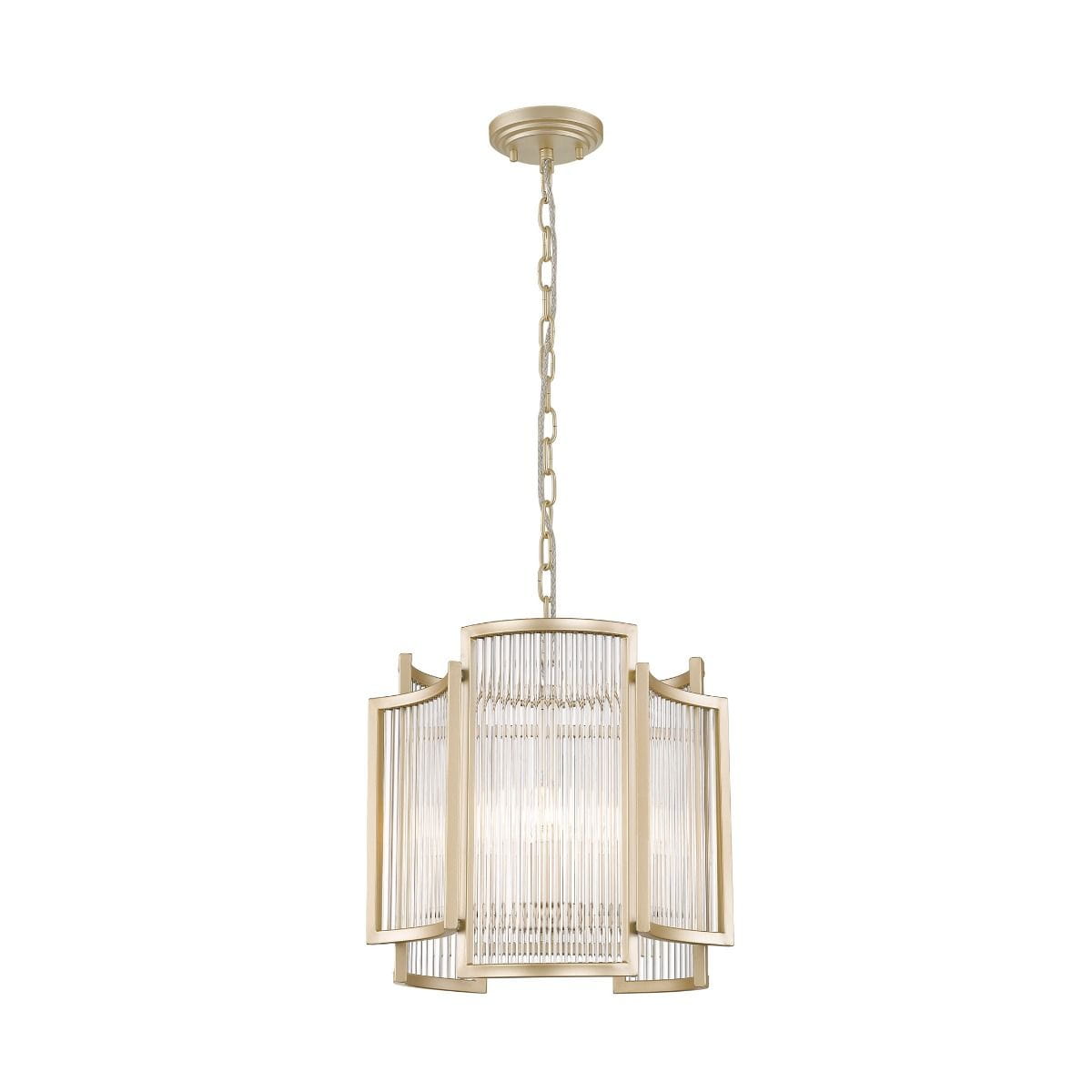Lampa wisząca Sergio 3-punktowa, złota, o cylindrycznym kształcie z przezroczystymi elementami. Ma cztery otwarte panele, zawieszona na długim łańcuchu. Wnętrze lampy oświetlone jest trzema żarówkami, co tworzy efektowne rozproszenie światła.