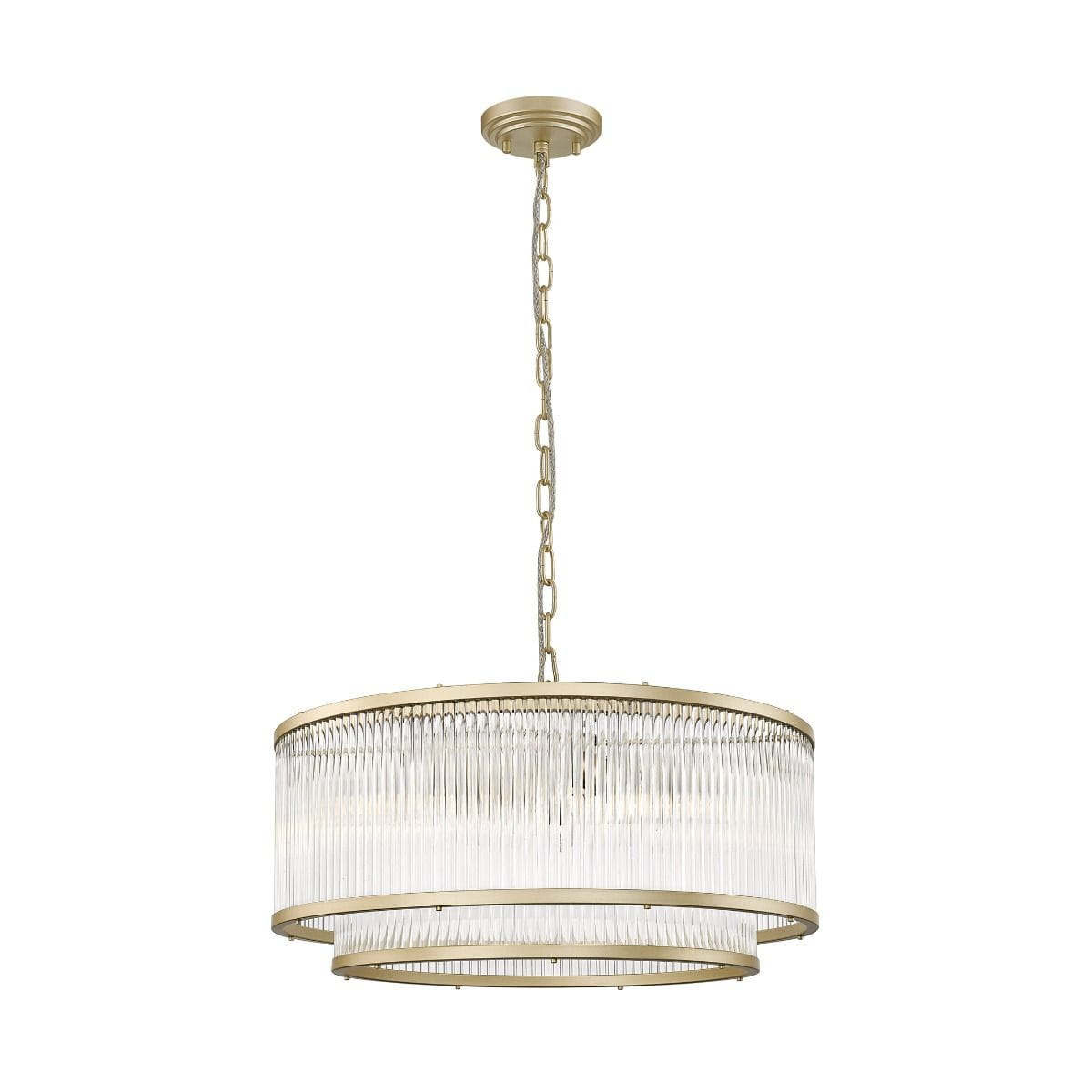 Lampa wisząca Sergio 6-punktowa w kolorze złotym, z przezroczystymi, prążkowanymi kloszami w formie okrągłego bębna. Ujęcie z dołu, zawieszona na łańcuchu, z metalowym mocowaniem sufitowym. Idealna do nowoczesnych wnętrz.