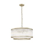 Lampa wisząca Sergio 6-punktowa w kolorze złotym, z przezroczystymi, prążkowanymi kloszami w formie okrągłego bębna. Ujęcie z dołu, zawieszona na łańcuchu, z metalowym mocowaniem sufitowym. Idealna do nowoczesnych wnętrz.
