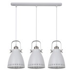 Lampa wisząca Franklin 3-punktowa w kolorze białym, z metalowymi elementami w odcieniu srebrnym. Posiada trzy klosze o zaokrąglonym kształcie z otworami wentylacyjnymi, zawieszone na białych przewodach z prostokątnym mocowaniem sufitowym.