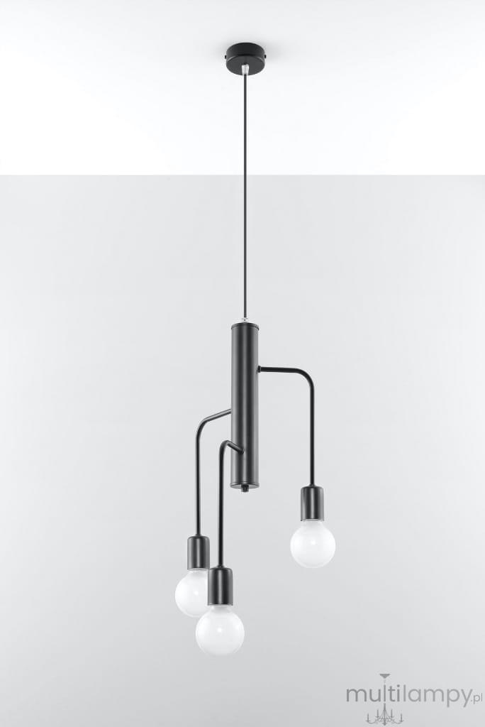 Lampa wisząca Duomo 3M w kolorze czarnym z trzema źródłami światła. Posiada prostą, minimalistyczną konstrukcję z metalowym przewodem i kulistymi kloszami. Ujęcie frontalne, zawieszona na długim kablu w jasnym otoczeniu.
