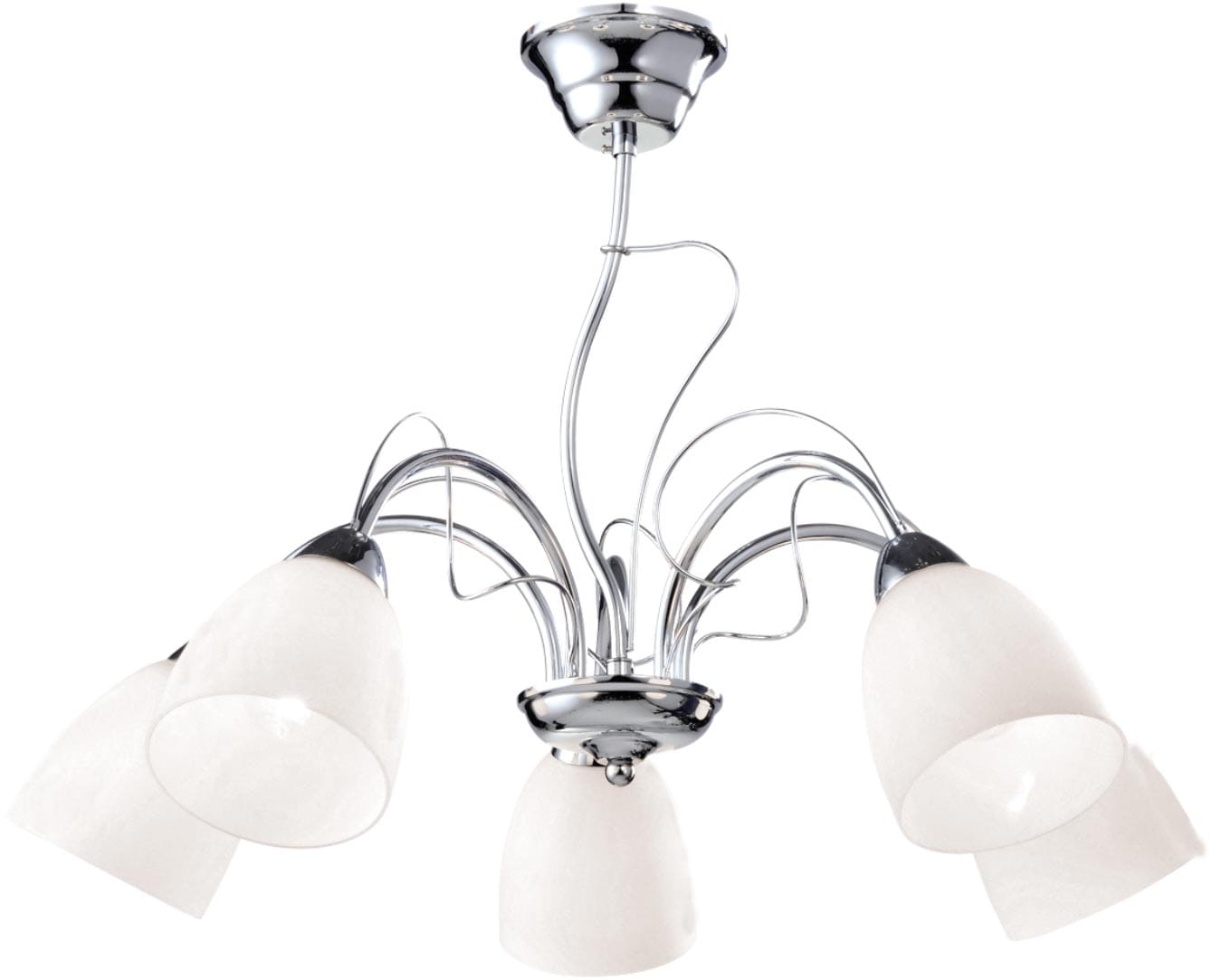 Żyrandol Aron 5-punktowy K-JSL-6218/5 CHR. z chromowanym stelażem i pięcioma mlecznymi kloszami w kształcie stożków. Produkt wiszący, prezentowany z góry, idealny do nowoczesnych wnętrz.