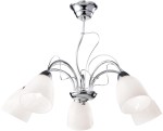 Żyrandol Aron 5-punktowy K-JSL-6218/5 CHR. z chromowanym stelażem i pięcioma mlecznymi kloszami w kształcie stożków. Produkt wiszący, prezentowany z góry, idealny do nowoczesnych wnętrz.