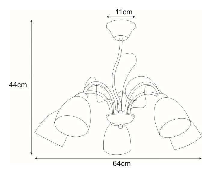 Żyrandol Aron 5-punktowy K-JSL-6218/5 CHR. w kształcie rozłożonych ramion z pięcioma białymi kloszami, średnica 64 cm, wysokość 44 cm, mocowanie sufitowe o średnicy 11 cm. Urokliwy design idealny do nowoczesnych wnętrz.