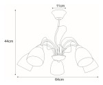 Żyrandol Aron 5-punktowy K-JSL-6218/5 CHR. w kształcie rozłożonych ramion z pięcioma białymi kloszami, średnica 64 cm, wysokość 44 cm, mocowanie sufitowe o średnicy 11 cm. Urokliwy design idealny do nowoczesnych wnętrz.