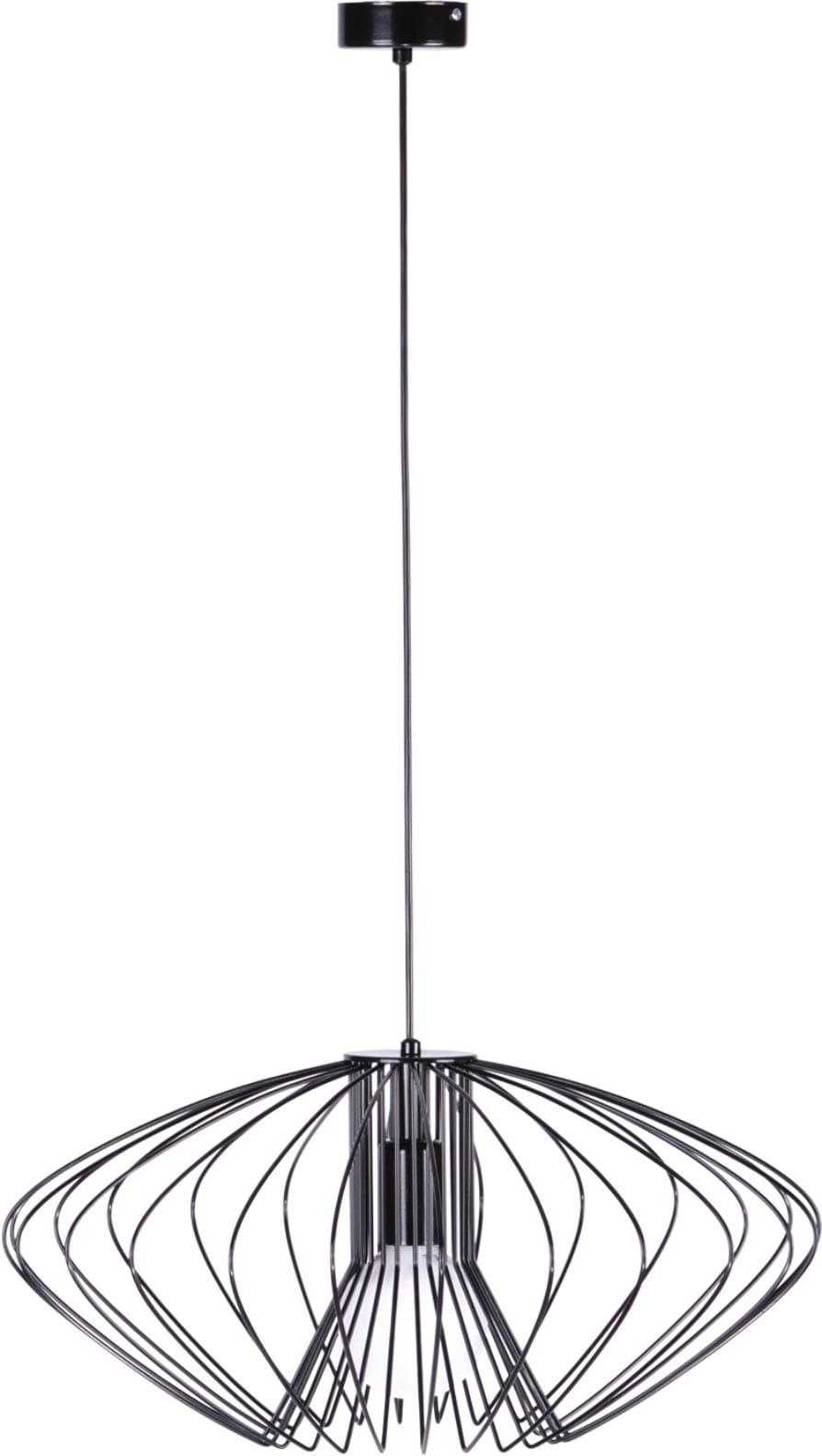 Lampa wisząca Tizi D52 w czarnym kolorze, o nowoczesnym, ażurowym kształcie. Posiada prosty, okrągły uchwyt sufitowy oraz długi przewód, zawieszona w pozycji pionowej. Idealna do nowoczesnych wnętrz.