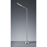 Lampa podłogowa LED Filigran w kolorze niklu, o smukłej, stalowej konstrukcji. Ujęcie frontalne, lampa ma jednopunktowe źródło światła i okrągłą podstawę. Kabel zasilający widoczny z boku. Tło ciemne, co podkreśla nowoczesny design.