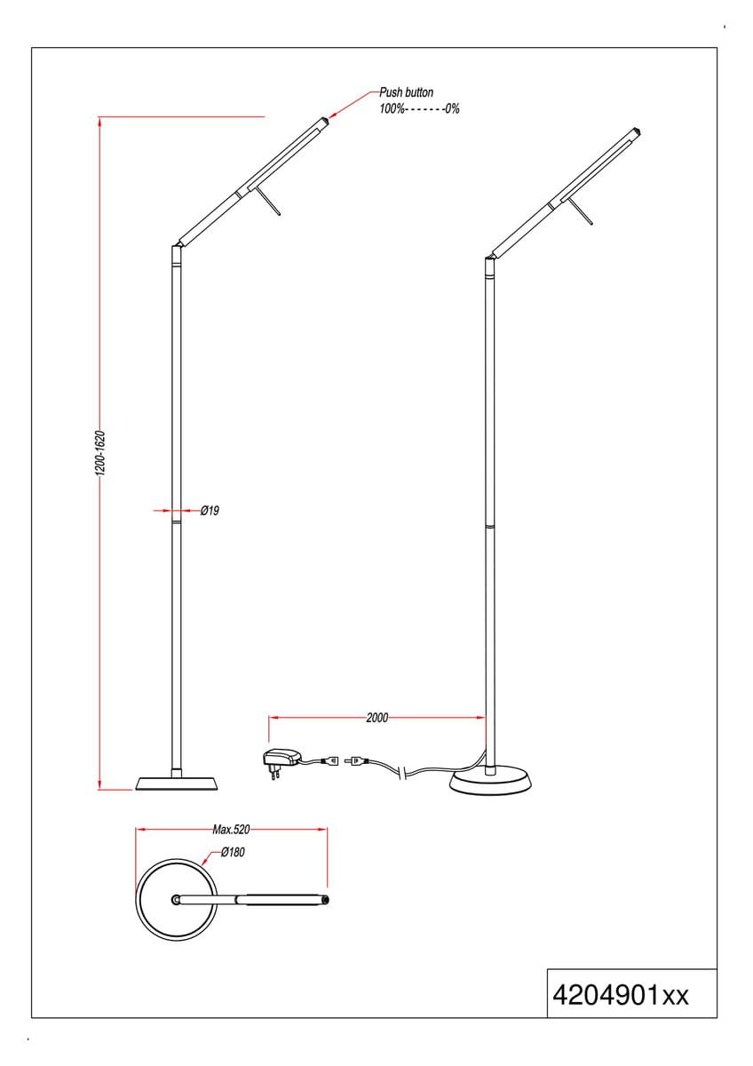 Czarna lampa podłogowa LED Filigran o wysokości 1820 mm, z regulowanym ramieniem i przyciskiem. Podstawa okrągła, średnica 180 mm. Długość kabla 2000 mm. Prosty, nowoczesny design, idealna do różnych wnętrz.