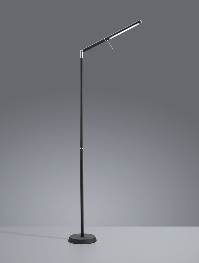 Czarna lampa podłogowa LED Filigran, 1-punktowa, z długim, cienkim ramieniem i prostą podstawą. Ujęcie frontalne, lampa stoi na gładkiej powierzchni. Elegancka, minimalistyczna forma idealna do nowoczesnych wnętrz.