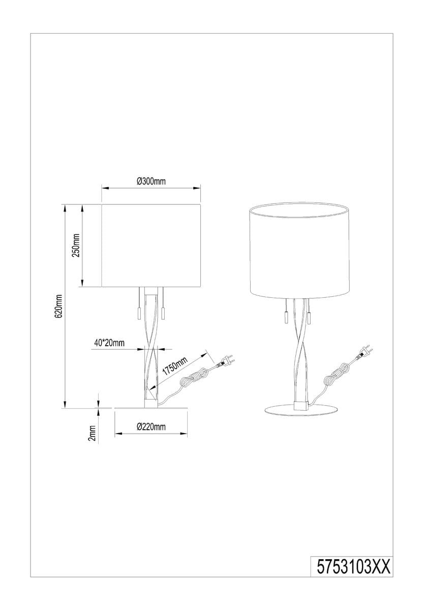 Lampa stołowa Nandor E27 w kolorze niklowym, o wysokości 620 mm i średnicy podstawy 220 mm. Posiada okrągły klosz o średnicy 300 mm oraz trzy punkty świetlne. Kabel z wtyczką widoczny z tyłu. Projekt z eleganckimi, zakrzywionymi nogami.