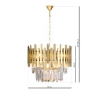 Lampa wisząca Aspen 6-punktowa w złotym kolorze, o średnicy 45 cm i wysokości 30 cm, z dekoracyjnymi kryształowymi elementami. Ujęcie frontalne z widocznym łańcuchem o regulowanej długości (50-100 cm).