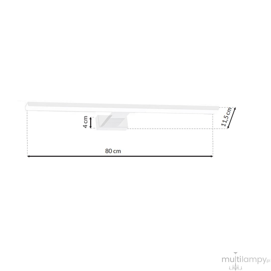 Biały kinkiet Shine LED IP44, 1-punktowy, o długości 80 cm, wysokości 11,5 cm i głębokości 4 cm. Produkt montowany na ścianie, prostokątny, minimalistyczny design, idealny do oświetlenia wnętrz.