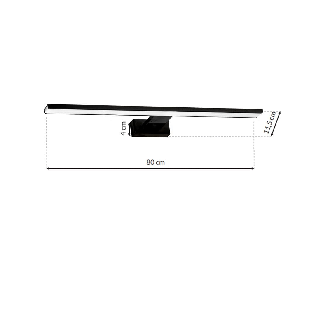 Czarny kinkiet Shine LED IP44, 1-punktowy, o wymiarach 80 cm długości i 4 cm szerokości. Montaż ścienny, minimalistyczny design. Wysokość 11,5 cm. Idealny do oświetlenia wnętrz w strefach mokrych.