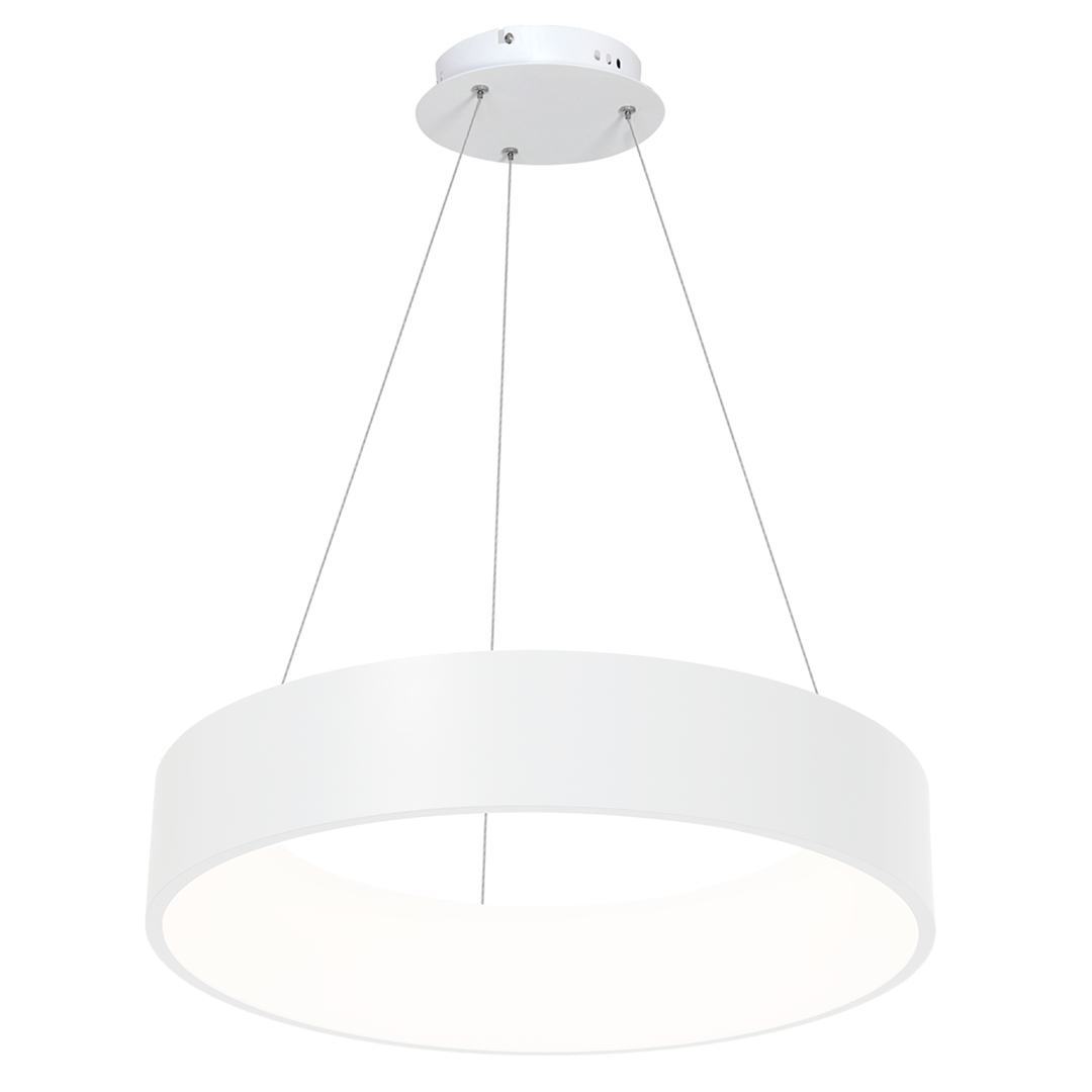 Biała lampa wisząca LED Ohio, jednolita, okrągła forma z matowym wykończeniem. Zawieszona na cienkich przewodach, z rozproszonym światłem w centrum. Montaż sufitowy, minimalistyczny design, idealna do nowoczesnych wnętrz.