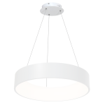 Biała lampa wisząca LED Ohio, jednolita, okrągła forma z matowym wykończeniem. Zawieszona na cienkich przewodach, z rozproszonym światłem w centrum. Montaż sufitowy, minimalistyczny design, idealna do nowoczesnych wnętrz.