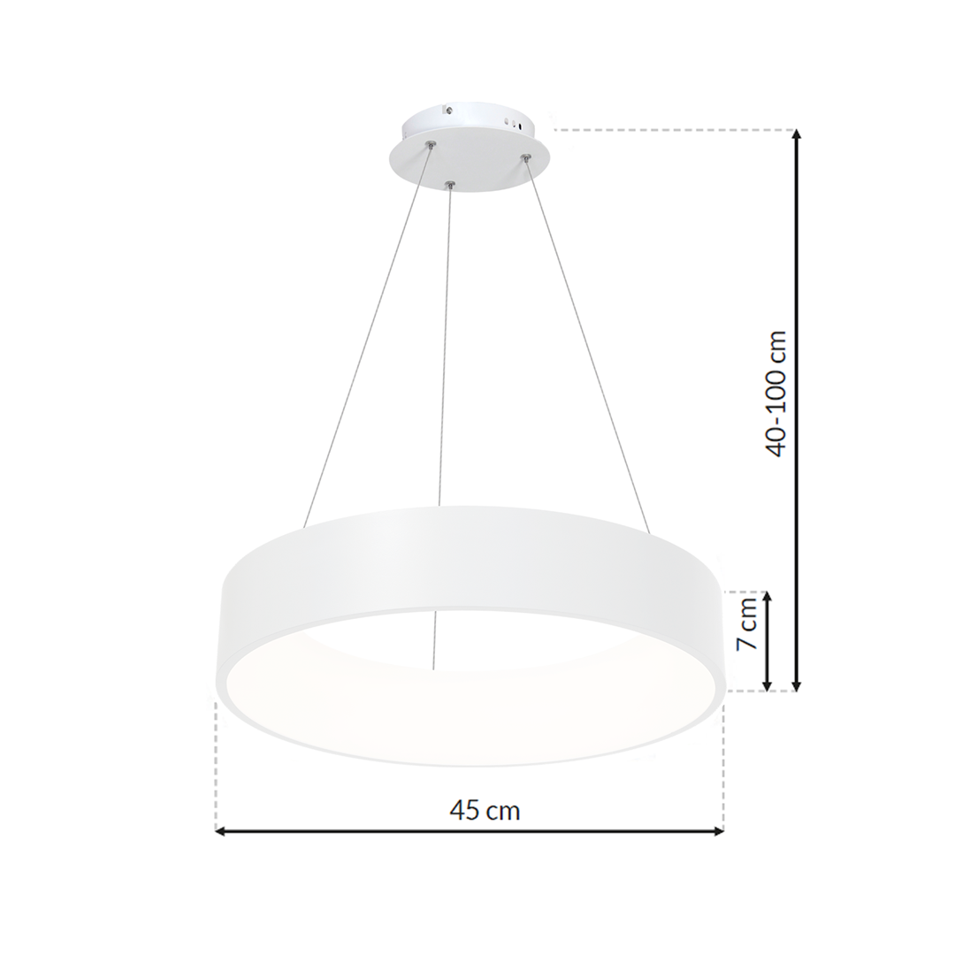 Biała lampa wisząca Ohio LED z okrągłym kloszem o średnicy 45 cm i wysokości 7 cm, zawieszona na regulowanych linkach, z możliwością dostosowania wysokości od 40 do 100 cm. Prosty, nowoczesny design.