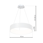 Biała lampa wisząca Ohio LED z okrągłym kloszem o średnicy 45 cm i wysokości 7 cm, zawieszona na regulowanych linkach, z możliwością dostosowania wysokości od 40 do 100 cm. Prosty, nowoczesny design.
