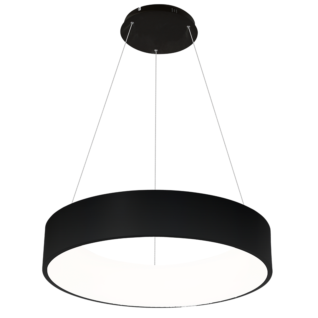 Czarna lampa wisząca Ohio LED z okrągłym kloszem, zawieszona na cienkich linkach. Klosz ma matowe wykończenie oraz białą, emitującą światło część, idealna do nowoczesnych wnętrz. Zainstalowana pod sufitem, frontalne ujęcie.