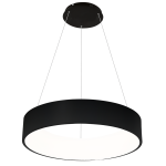 Czarna lampa wisząca Ohio LED z okrągłym kloszem, zawieszona na cienkich linkach. Klosz ma matowe wykończenie oraz białą, emitującą światło część, idealna do nowoczesnych wnętrz. Zainstalowana pod sufitem, frontalne ujęcie.
