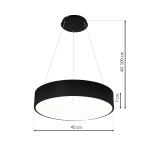 Czarna lampa wisząca LED Ohio o okrągłym kształcie, średnicy 45 cm i wysokości 7 cm, zawieszona na regulowanych linkach (40-100 cm). Prosta forma, biała wnętrze lampy, idealna do nowoczesnych wnętrz.