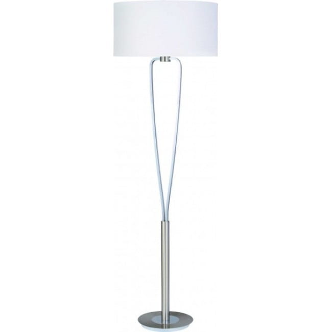 Lampa podłogowa Paris II w kolorze niklu z białym, okrągłym kloszem. Stojąca konstrukcja z cienką, metalową nogą i okrągłą podstawą. Ujęcie frontalne, ukazujące elegancki design i prostotę formy.
