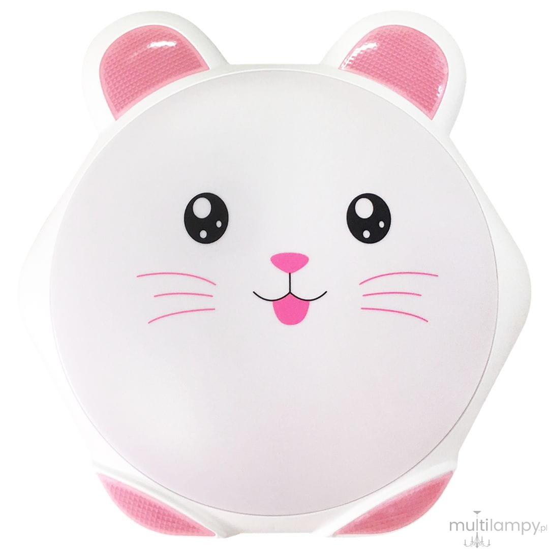 Plafon LED Sweet Pink w kształcie uśmiechniętej twarzy króliczka, wykonany z białego plastiku. Elementy różowe to uszy i nos, a duże, czarne oczy dodają uroku. Lampka ma okrągły kształt, montowana na suficie, idealna do pokoju dziecięcego.