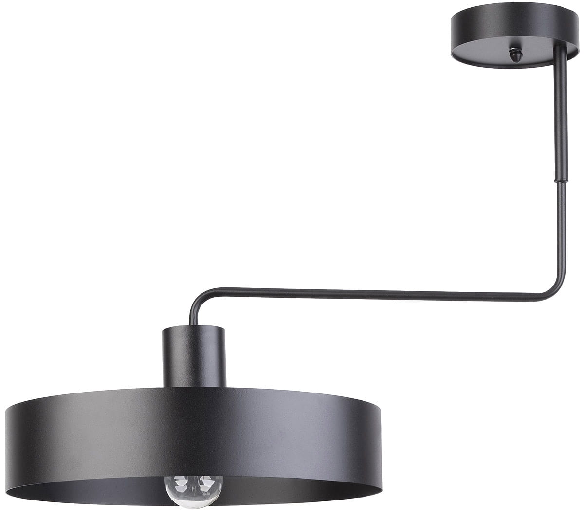Czarna lampa sufitowa Vasco 1-punktowa z metalowym kloszem w kształcie okręgu. Uchwyt z prostym, wydłużonym ramieniem. Lampa zamontowana w pozycji wiszącej, z widoczną żarówką w środku. Minimalistyczny design, idealna do nowoczesnych wnętrz.