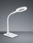 Lupo LED lampka biurkowa 1-punktowa w kolorze białym, z elastycznym ramieniem i okrągłą głowicą. Ujęcie z boku, stojąca na płaskiej podstawie. Widoczny kabel zasilający. Prosty design, idealna do biura lub nauki.