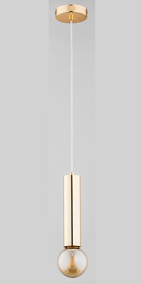 Lampa wisząca Jazz 1-punktowa w kolorze złotym, z cylindrycznym korpusem i przezroczystą kulistą żarówką. Zawieszona na cienkim przewodzie, montowana do sufitu, tworzy nowoczesny akcent w aranżacji wnętrza.