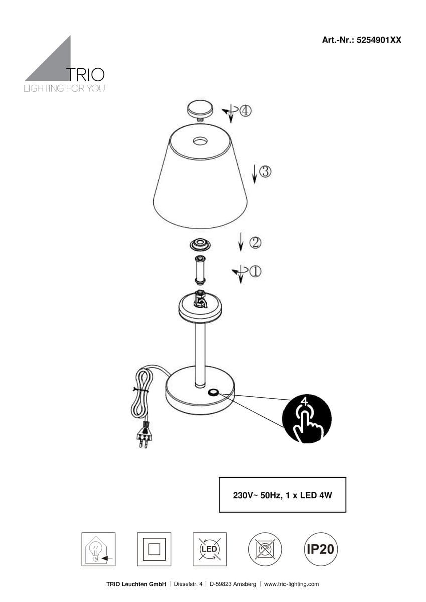 Lampka stołowa Emerald LED 1-punktowa w kolorze niklu, z okrągłą podstawą i prostą nogą. Posiada abażur w kształcie stożka. Widoczny kabel z wtyczką. Zasilanie 230V, moc 4W, IP20. Ujęcie frontalne, elementy montażowe i przycisk włączający.