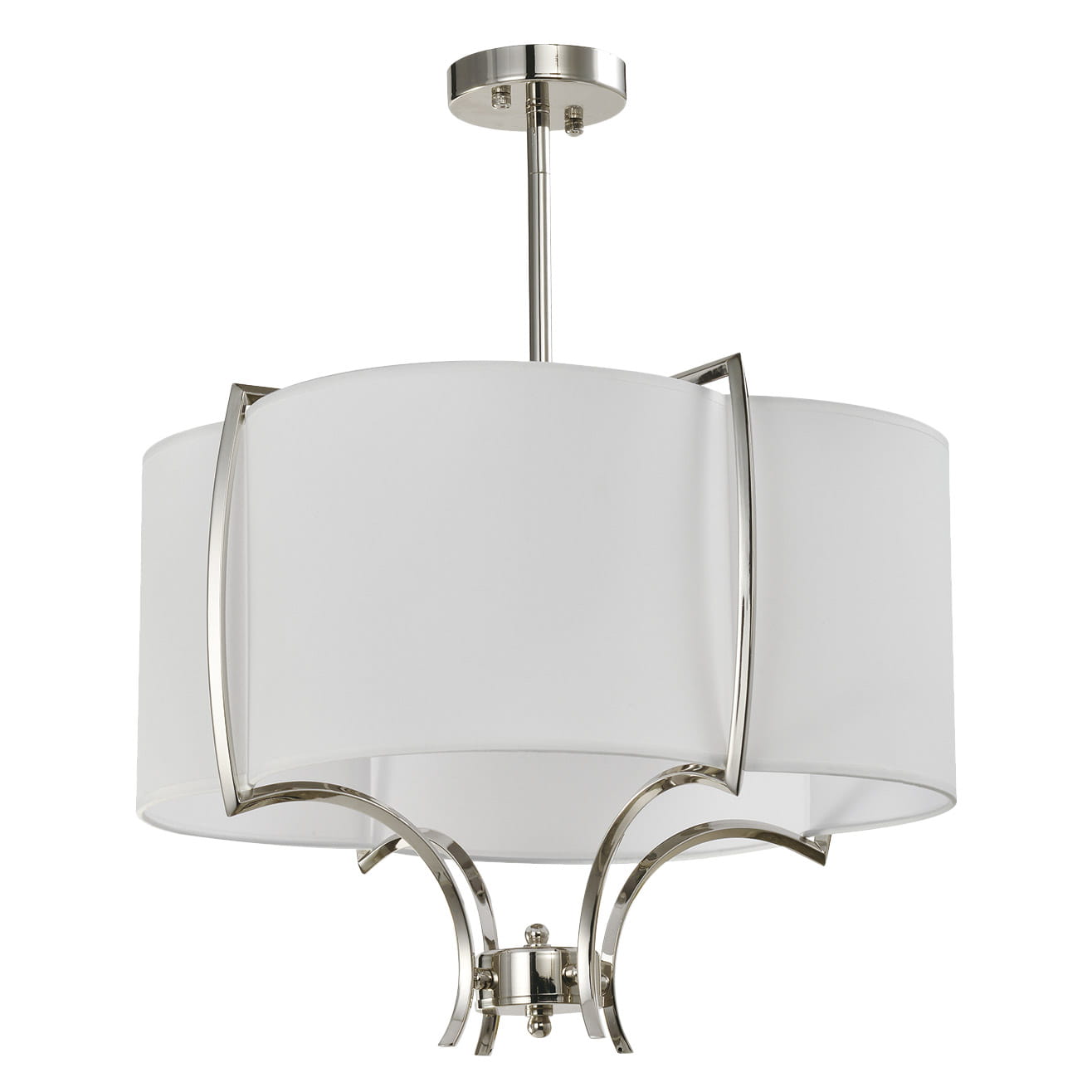 Lampa wisząca Faro D53, 4-punktowa, z białym abażurem i metalowymi, niklowanymi detalami. Ujęcie z przodu, produkt zawieszony na długim przewodzie. Elegancki design z zaokrąglonym kształtem i wyraźnymi liniami.