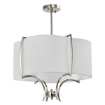 Lampa wisząca Faro D53, 4-punktowa, z białym abażurem i metalowymi, niklowanymi detalami. Ujęcie z przodu, produkt zawieszony na długim przewodzie. Elegancki design z zaokrąglonym kształtem i wyraźnymi liniami.