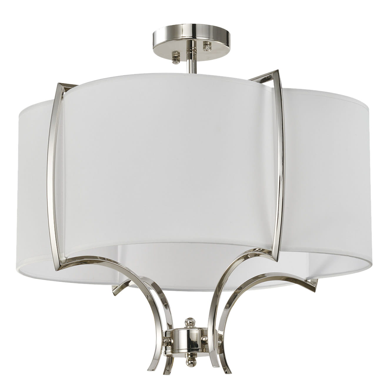 Lampa wisząca Faro D53 z czterema punktami świetlnymi, o białym, tekstylnym kloszu i metalowej, niklowanej podstawie. Ujęcie z dołu, ukazujące eleganckie, zaokrąglone kształty oraz detale mocowania.