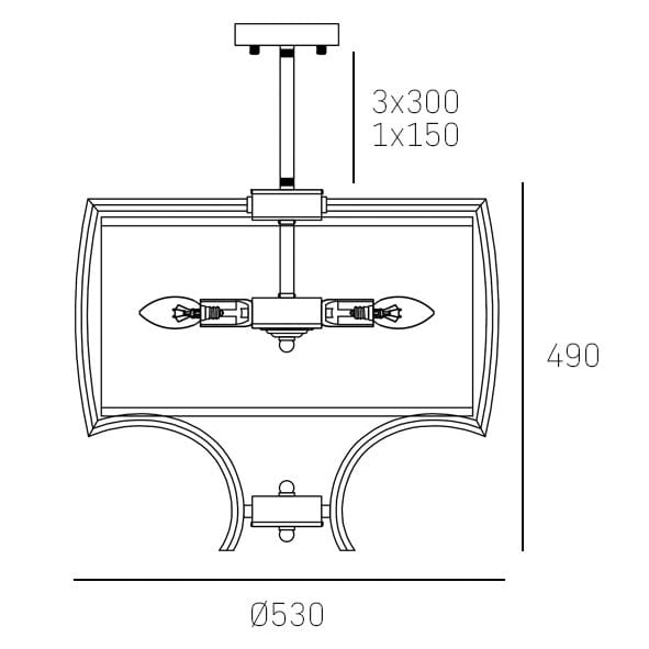 Lampa wisząca Faro D53 z czterema punktami świetlnymi, średnica 530 mm, wysokość 490 mm. Konstrukcja metalowa z miejscem na trzy żarówki 300 W i jedną 150 W, z eleganckim, zaokrąglonym kształtem.
