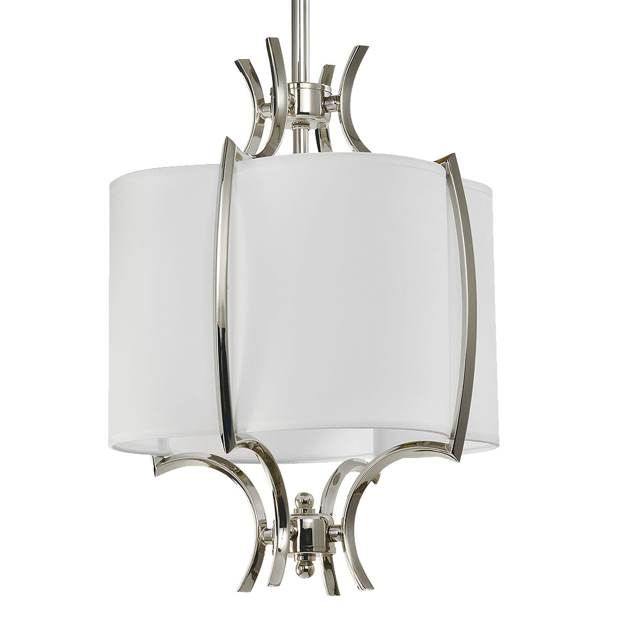 Lampa wisząca Faro D32 1-punktowa w kolorze niklowym. Okrągły klosz z białego materiału, metalowe detale w kształcie fal. Produkt zawieszony na cienkim, metalowym stelażu. Ujęcie frontalne, ukazujące detale konstrukcyjne oraz fakturę klosza.