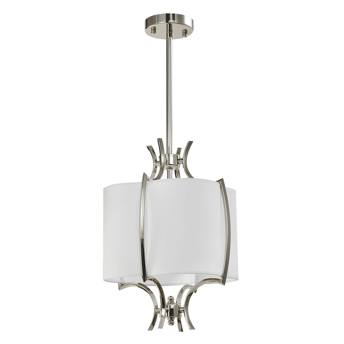 Lampa wisząca Faro D32, 1-punktowa, z metalową konstrukcją w kolorze niklu i białym kloszem. Produkt zawieszony na długim, prostym stelażu, z eleganckimi, zaokrąglonymi detalami. Tło białe, co podkreśla jej nowoczesny design.