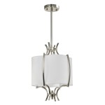 Lampa wisząca Faro D32, 1-punktowa, z metalową konstrukcją w kolorze niklu i białym kloszem. Produkt zawieszony na długim, prostym stelażu, z eleganckimi, zaokrąglonymi detalami. Tło białe, co podkreśla jej nowoczesny design.