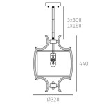 Lampa wisząca Faro D32, 1-punktowa, o średnicy 320 mm, z prostokątnym kloszem i metalowym wykończeniem. Ujęcie frontalne, widoczna oprawka na żarówkę oraz długość całkowita 440 mm. Przeznaczona do wnętrz nowoczesnych.