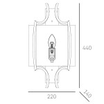 Faro kinkiet 1-punktowy W01053NI w stylu nowoczesnym, z prostokątnym panelem i wygiętymi bokami. Wymiary: 440 mm wysokości, 220 mm szerokości, 140 mm głębokości. Widoczna żarówka w kształcie łzy w centralnej części.