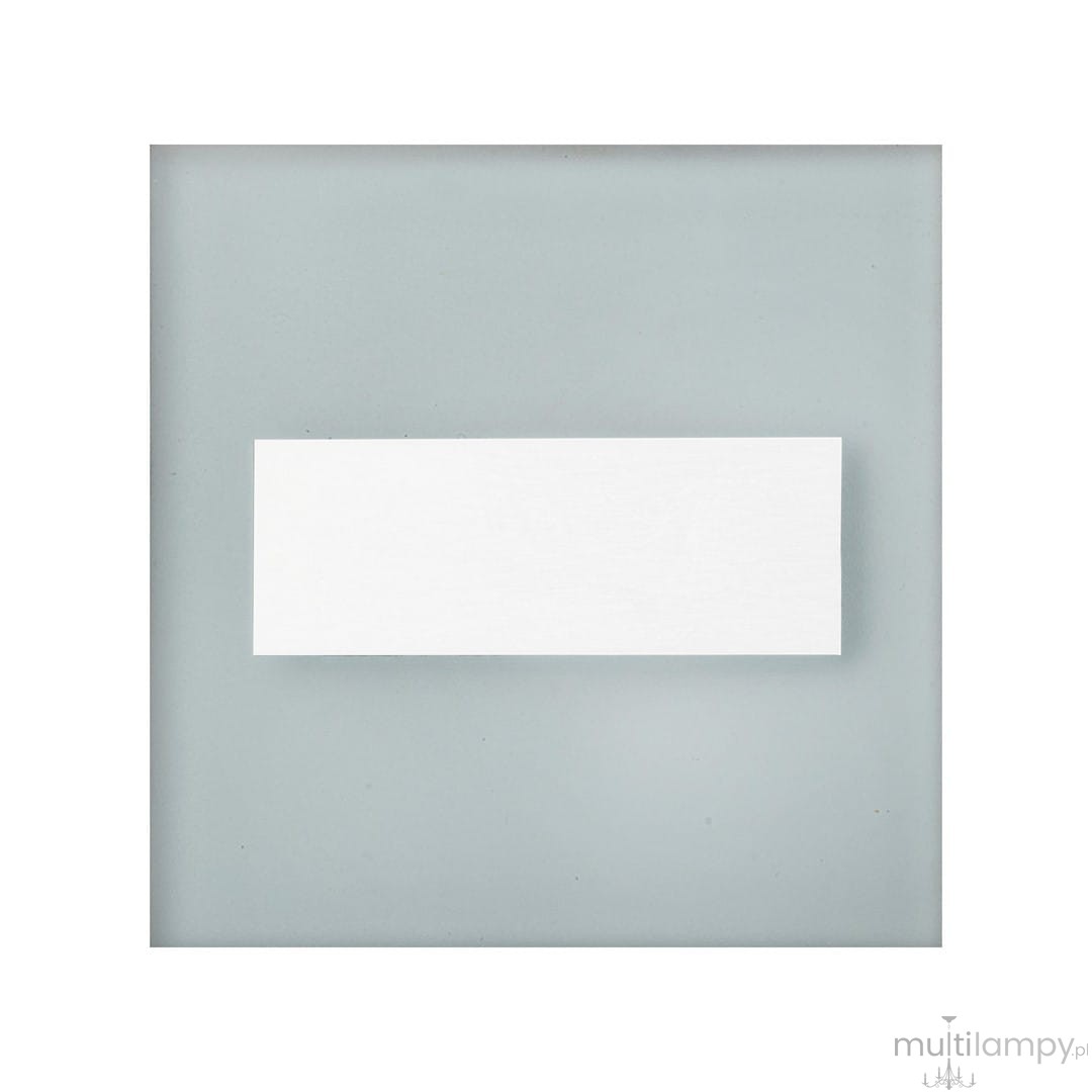 Oprawa schodowa Lumi White LED 230V w kolorze białym, z prostokątnym panelem na tle matowej szklanej obudowy. Emituje ciepłe światło 3000K. Produkt zamontowany na płasko, idealny do oświetlenia schodów lub korytarzy.