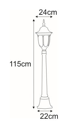 Czarna lampa ogrodowa Vasco H115 o wysokości 115 cm, szerokości 24 cm i podstawie 22 cm. Stojąca konstrukcja z ozdobnym kloszem, idealna do oświetlenia przestrzeni zewnętrznych.
