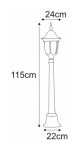 Czarna lampa ogrodowa Vasco H115 o wysokości 115 cm, szerokości 24 cm i podstawie 22 cm. Stojąca konstrukcja z ozdobnym kloszem, idealna do oświetlenia przestrzeni zewnętrznych.