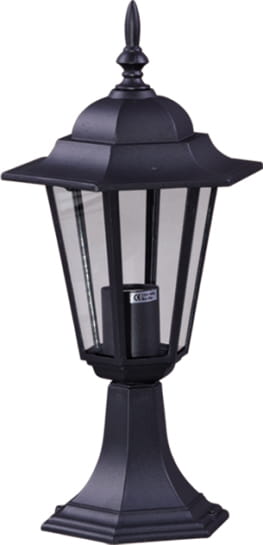 Czarna lampa ogrodowa stojąca Standard H44 o klasycznym kształcie, z metalowym korpusem i przezroczystymi panelami. Ujęcie frontalne, widoczna dekoracyjna podstawka oraz ozdobny szczyt. Idealna do oświetlenia przestrzeni zewnętrznych.