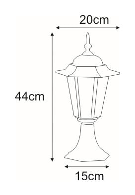 Czarna lampa ogrodowa stojąca Standard H44 o wysokości 44 cm i szerokości 20 cm. Posiada sześciokątną podstawę i dekoracyjny klosz z wysklepionym dachem. Wymiary: 20 cm szerokości, 15 cm głębokości. Idealna do oświetlenia przestrzeni zewnętrznych.