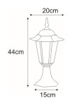 Czarna lampa ogrodowa stojąca Standard H44 o wysokości 44 cm i szerokości 20 cm. Posiada sześciokątną podstawę i dekoracyjny klosz z wysklepionym dachem. Wymiary: 20 cm szerokości, 15 cm głębokości. Idealna do oświetlenia przestrzeni zewnętrznych.