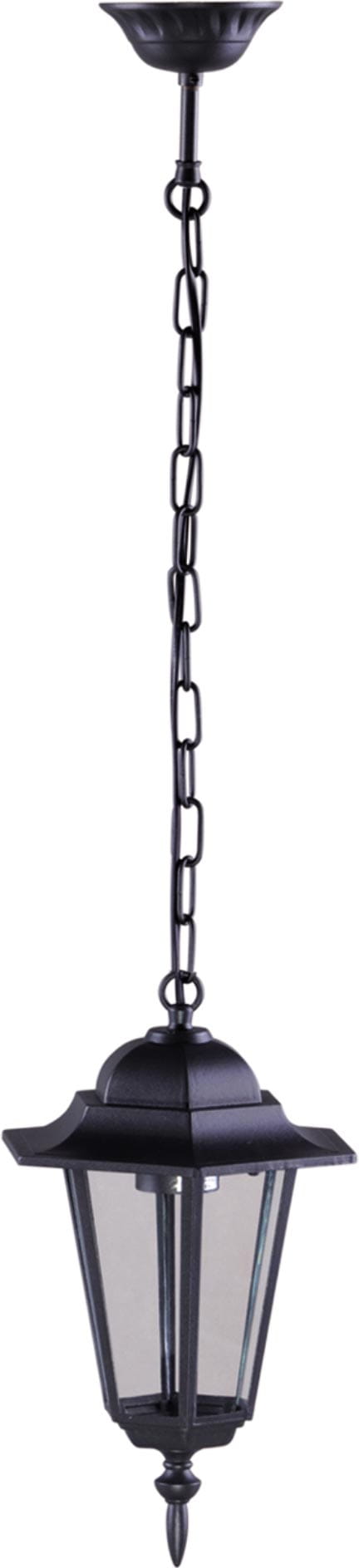 Czarna wisząca lampa ogrodowa z metalową konstrukcją i szklanym kloszem. Posiada ośmiokątny kształt, zawieszenie na łańcuchu oraz dekoracyjne detale na górze. Lampa przeznaczona do montażu na zewnątrz, idealna do oświetlenia przestrzeni ogrodowych.