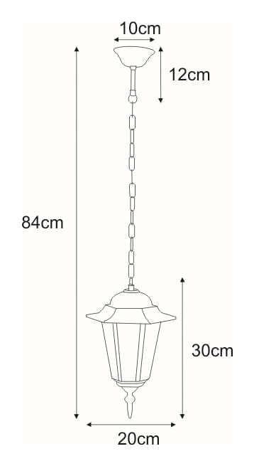 Czarna wisząca lampa ogrodowa o wymiarach 84 cm wysokości i 30 cm średnicy klosza. Posiada metalowy łańcuch i sufitkę o średnicy 10 cm. Kształt klosza przypomina latarnię z ozdobnym zakończeniem. Idealna do oświetlenia przestrzeni na zewnątrz.